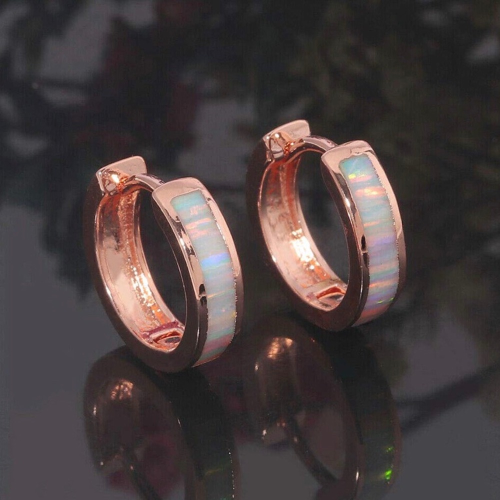 Rose Gold Huggie Hoop Opal Inlay Earrings